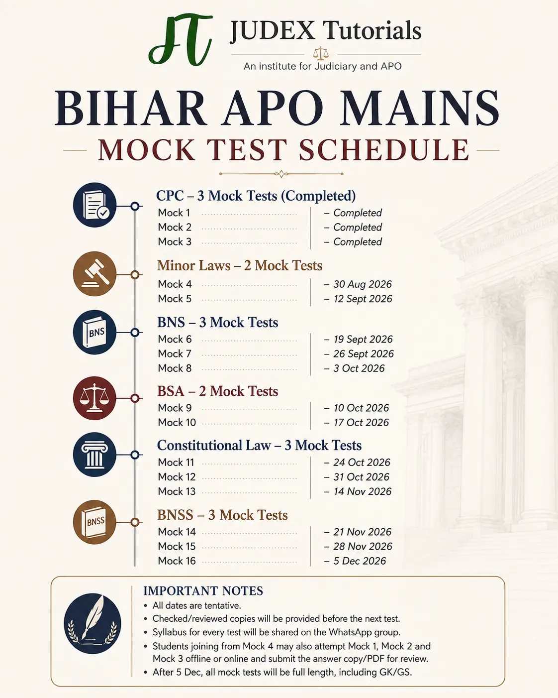Bihar APO Mains Mock Test Schedule 2026 - Judex Tutorials
